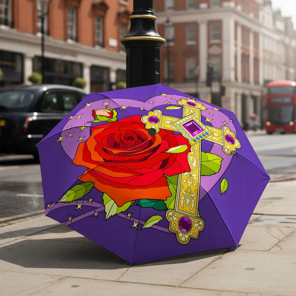 1P C Artistic Purple Umbrella with Rose and Cross Design Print 8 Iron Ribs Folding Umbrella Auto-Open Fashion Sunshade