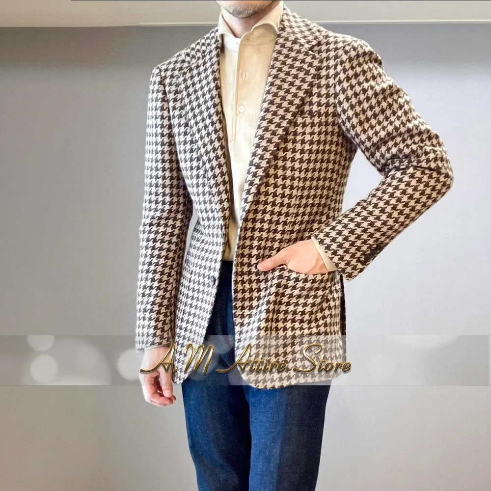 

Fashion men's suit blazer retro houndstooth pattern woolen jacket for wedding prom party daily dress custom tuxedo for gentlemen