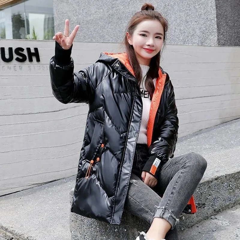 

Down Cotton Jacket Women 2023 Winter New Shiny Wash Free Casual Color Bump Padded Coat Female Large Size Long Hooded Pakras