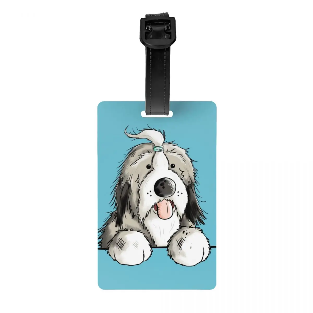 Etiqueta de equipaje de perro de Collie barbudo feliz personalizada Etiqueta de identificación de cubierta de privacidad de equipaje de maleta de animales para mascotas