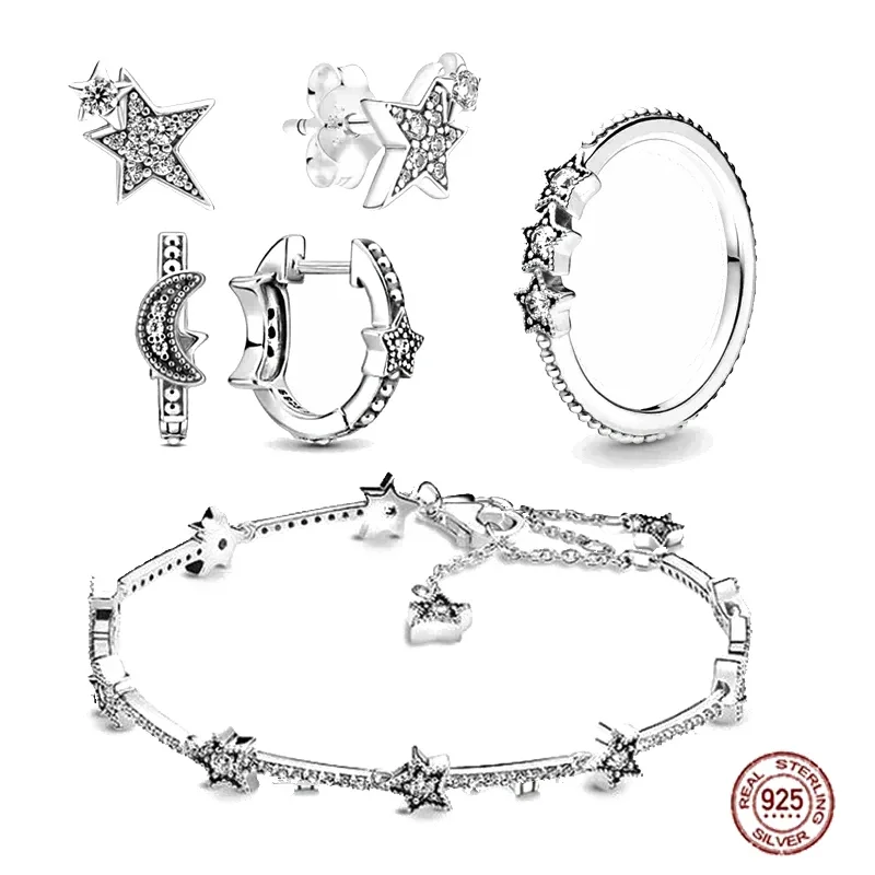 

New 925 sterling silver star shaped tennis bracelet, earrings, rings, shiny high-quality zircon jewelry, exquisite gift