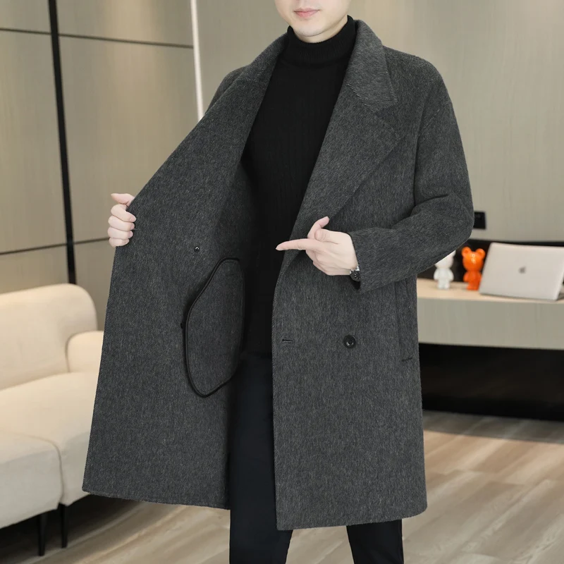 

Высококачественные мужские шерстяные пальто средней длины, осень-зима 2025, теплая двубортная шерстяная ветровка, деловое повседневное верхнее пальто
