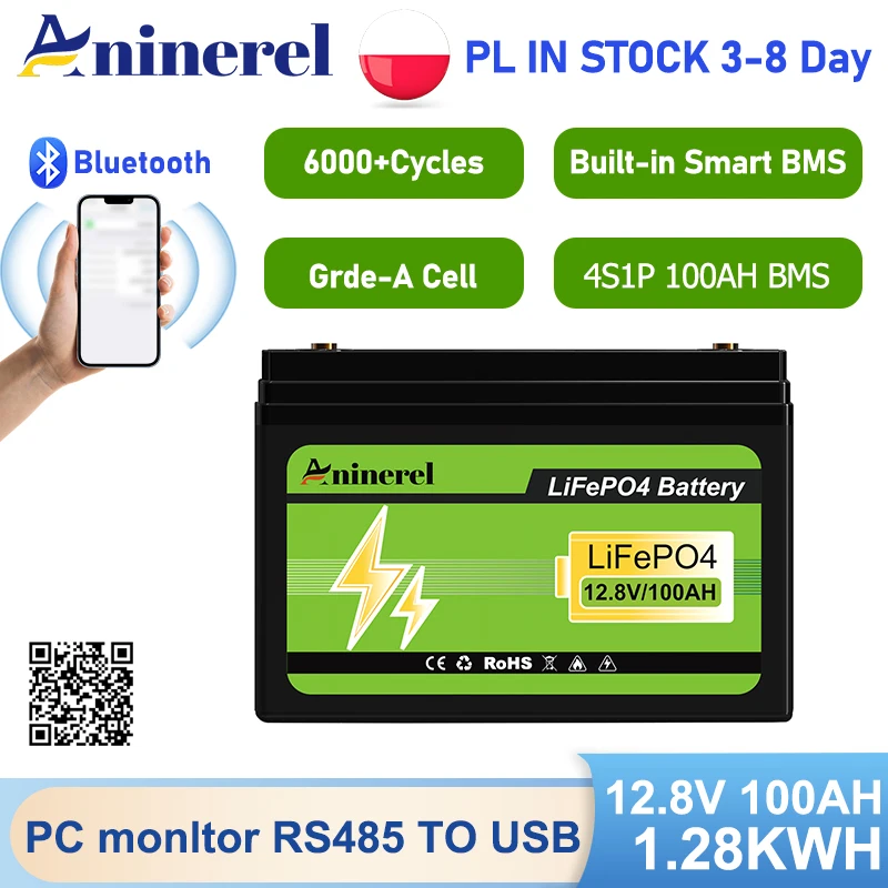 Aninerel 12V 100Ah LiFePO4 Battery with Low-Temp BMS Protection, 6000+ Cycles for Motorhome/Solar/Camping With Bluetooth