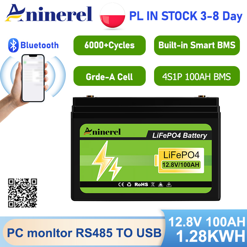  Aninerel 12V 100Ah LiFePO4 Battery with Low-Temp BMS Protection, 6000+ Cycles for Motorhome/Solar/Camping With Bluetooth 