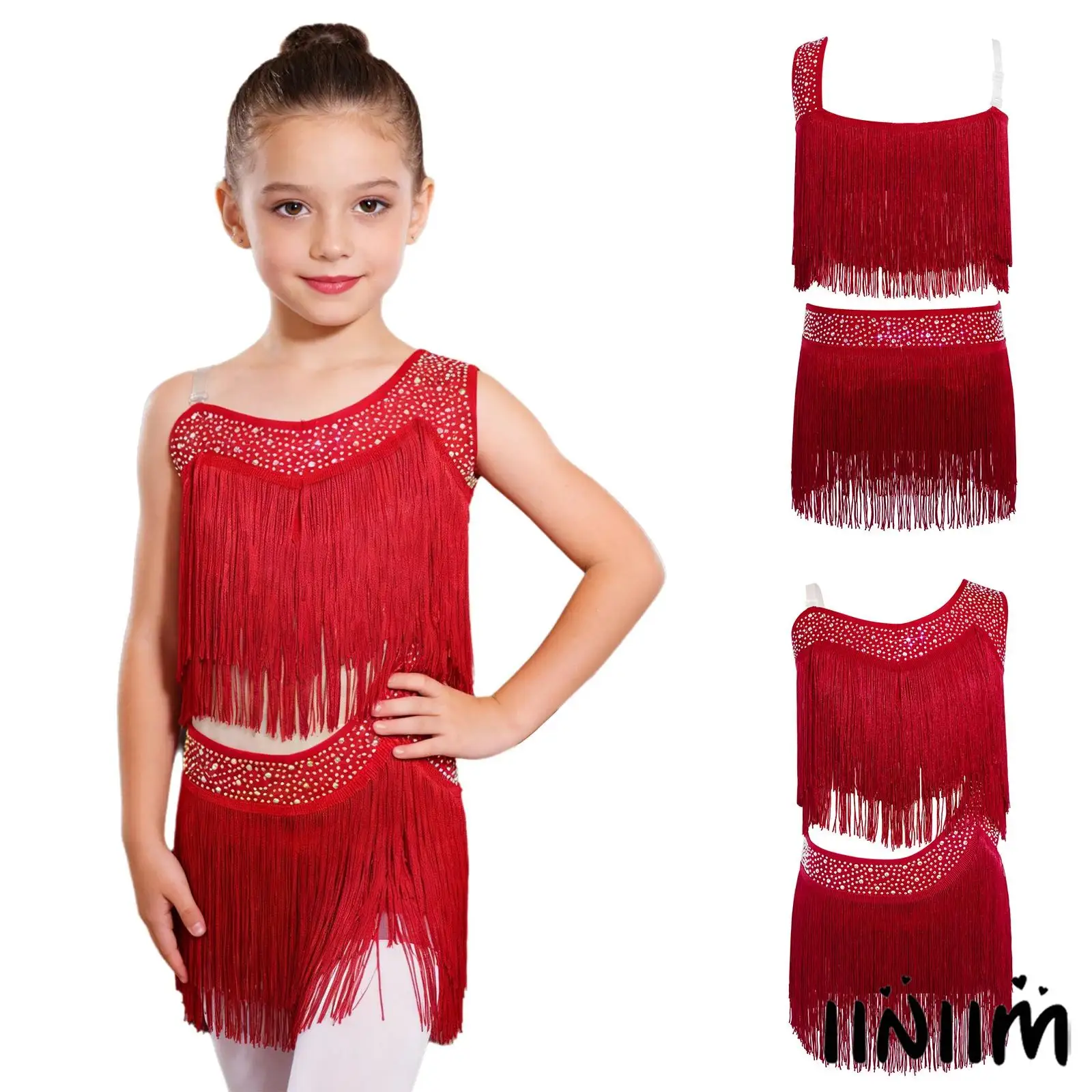 

Kids Girls Latin Tango Dance Dress Outfit Shiny Rhinestone Tassel Fringe Cutout Asymmetrical Dress for Rumba Cha Cha Stage Prom