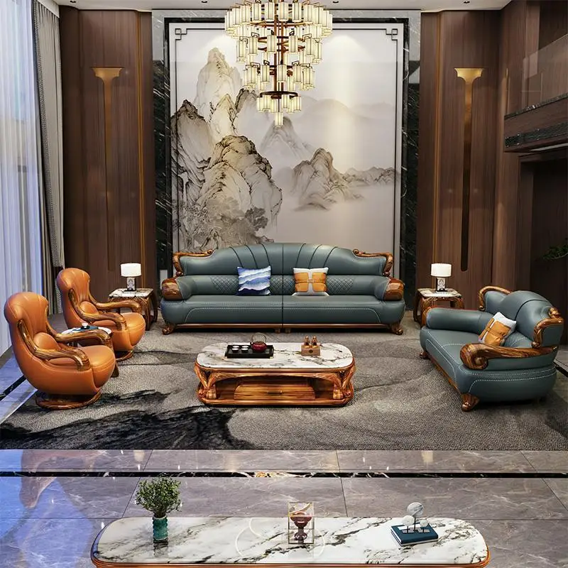 Ebony high-end villa solid wood extra thick leather sofa, new Chinese-style first-layer cowhide living room