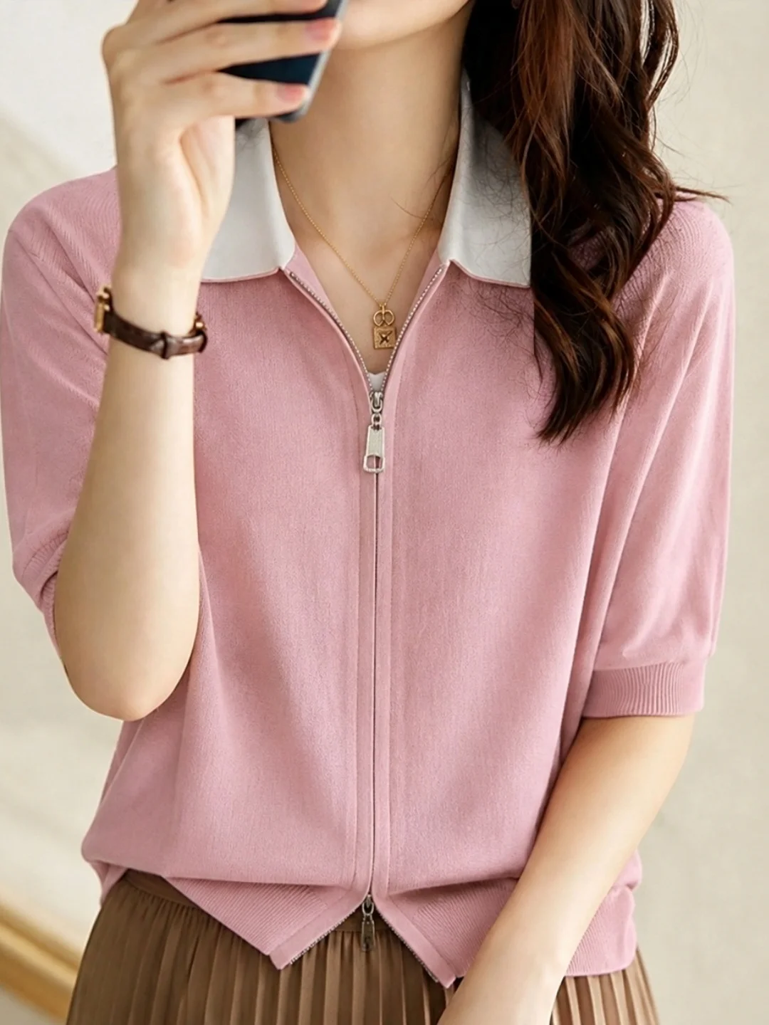 Korean Style  Neck Knitted Sweater Zipper Top Women's Fashion Color Block Design Autumn New Arrival Soft Straight Cut Shirt