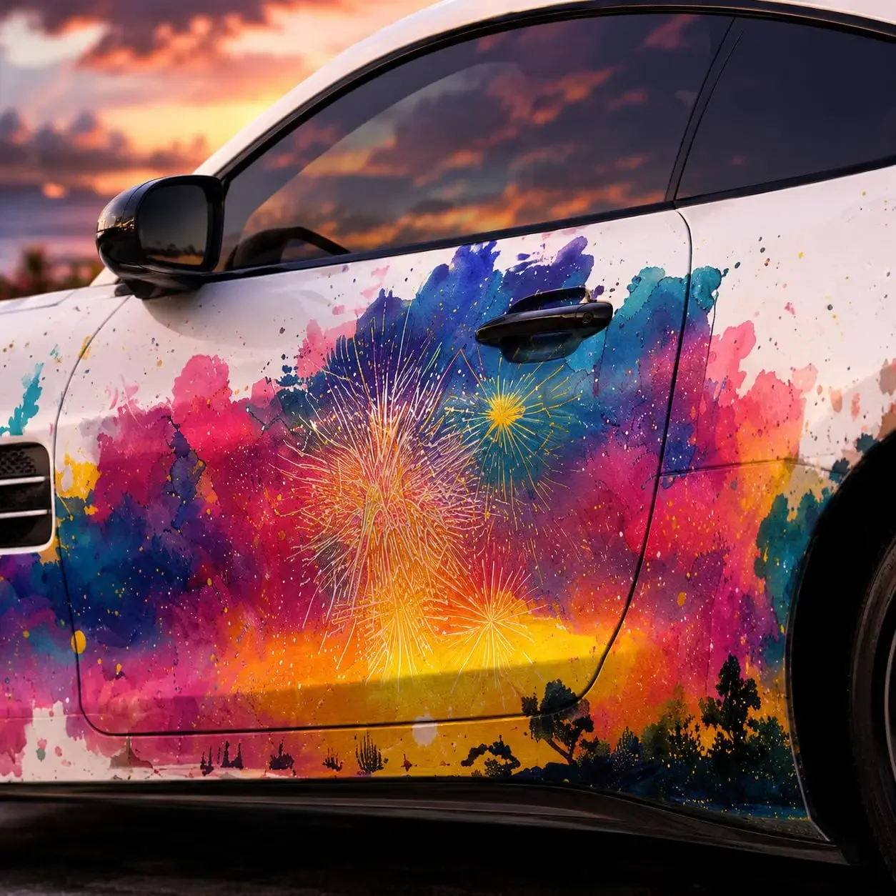 2pcs Colorful Fireworks Watercolor Car Side Graphic Vinyl Wrap