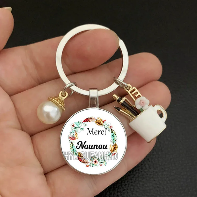 Fashion Jewelry Dome Glass Alloy Keychain Merci Nounou Lovely Exquisite Classic Gift