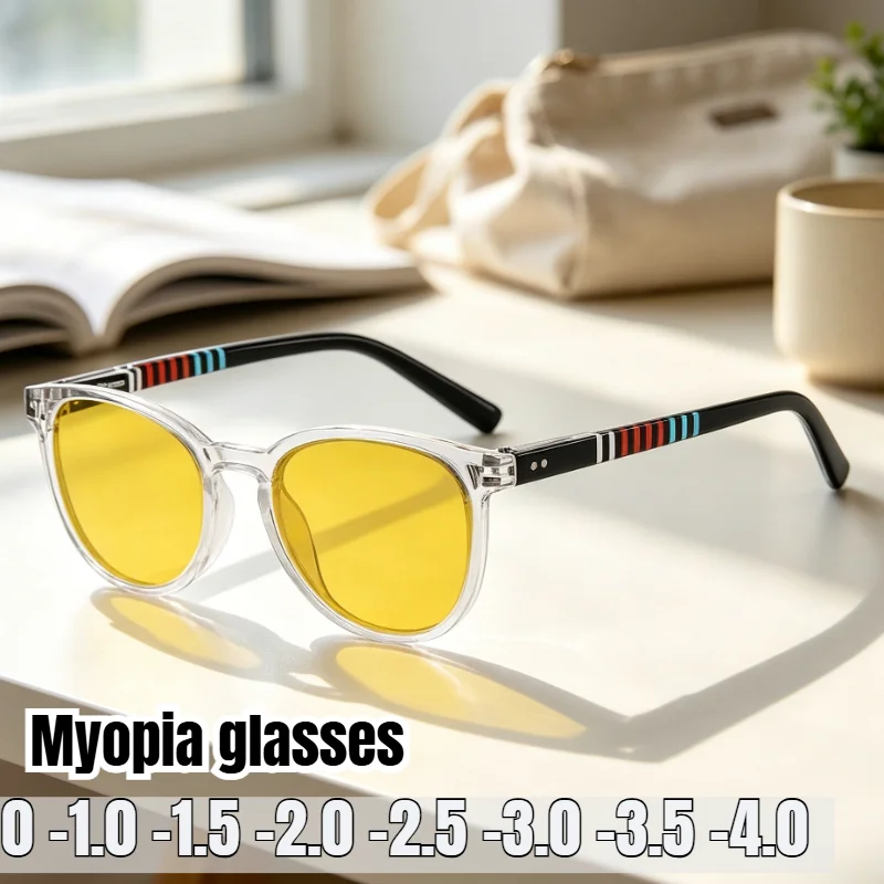 Stylish Round Myopia Glasses Color Strip Decor Temple Night Vision Yellow Lenses Fashion for Driving Eyewear 0 To -4.0 Diopters