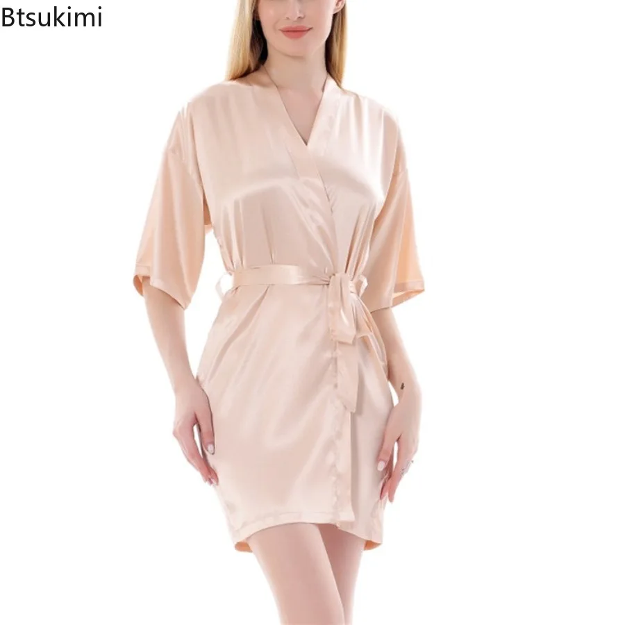 New 2026 Summer Women's Silk-like Kimono Robe Bathrobe Bridesmaid Robes Sexy Solid Color Robes Satin Dressing Gowns for Women