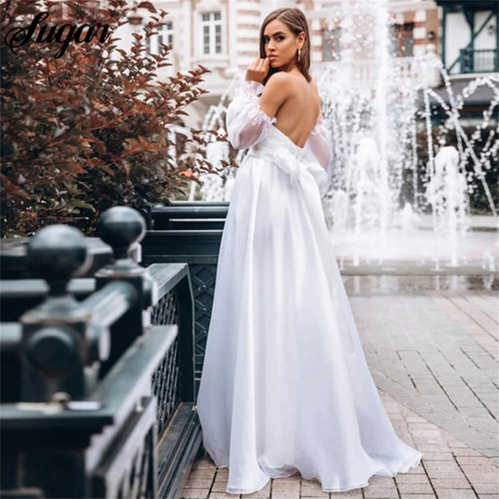 Cheap Chiffon Beach Wedding Dress Puffy Sleeve White Best Bridal Gown Open Back V-neck Formal Party Gown Slit Plus vestido novia