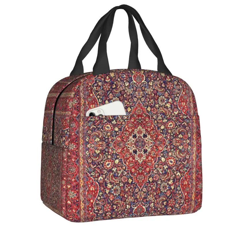 Antique Bohemian Persian Silk Carpet Insulated Lunch Bag for Resuable Boho Kilim Style Cooler Thermal Bento Box Beach Camping