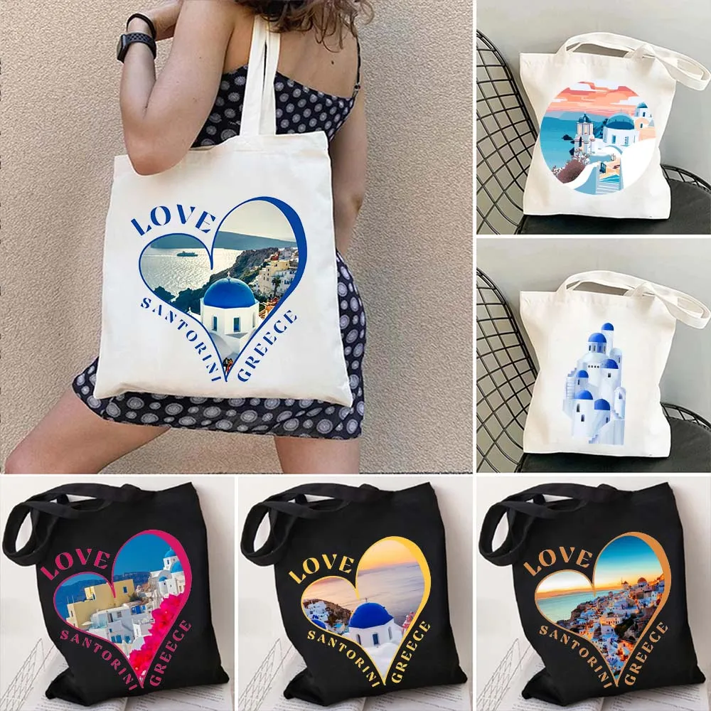 Capital Athens Greece Santorini Oia Island Love Heart Landscape Travel Shopper Harajuku Canvas Tote Bag Cotton Shopping Handbags