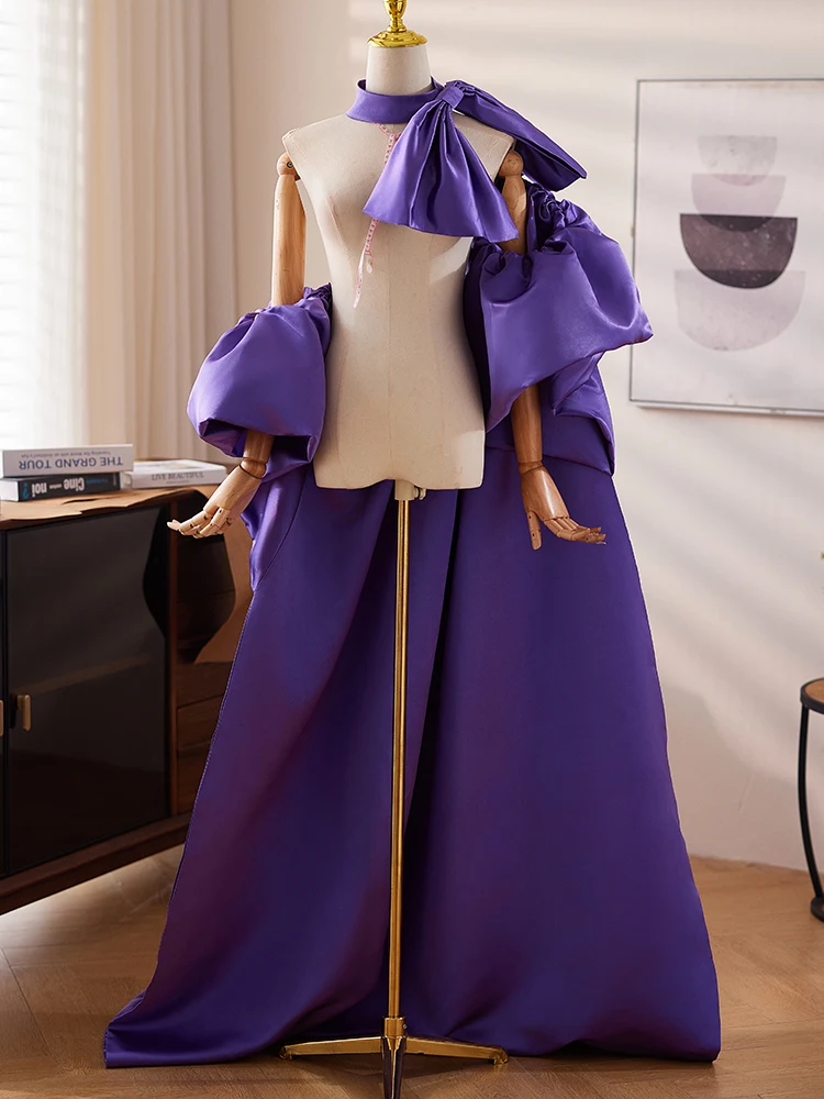 purple-satin-back-large-train-high-end-hostess-evening-gown-handmade-shawl-luxury-year-conference-ceremony-wrap-scarf