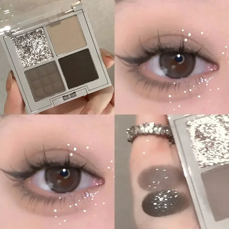 Heallor 4 Colors Punk Smokey Eyeshadow Palette Matte Glitter Silvery Metallic Eye Shadow Makeup Cool Toned Dark Earth Brown Eye