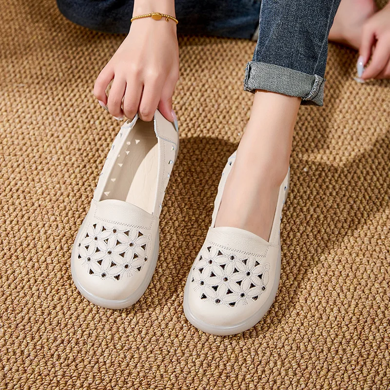 

New summer hollowed real leather shoes woman soft beige moccasins cutout ballet flats ladies concise slip on loafer elderly shoe