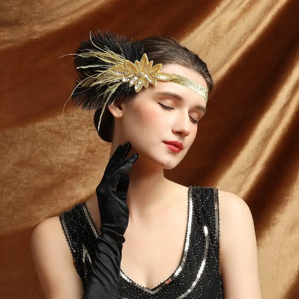 1920s Flapper Headband Ostrich Feathers Headpiece Roaring 20s Sequins Headband Great Gatsby Hair Accessories for Women