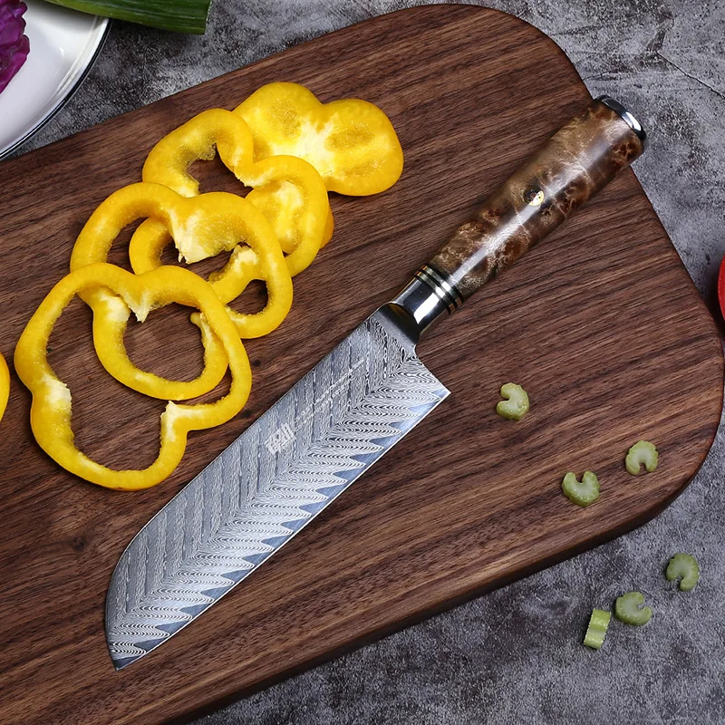 

FINDKING 6,9 дюйма Santoku для нарезки 67-слойные дамасские стальные лезвия AUS-10 Sapele с деревянной ручкой шеф-повара-тесак японские кухонные ножи
