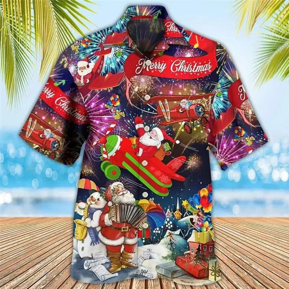 Mens Hawaiian Shirt Funny Santa Claus 3d Print Christmas Hawaiian Shirt Men Women Fashion Short Sleeve Shirts Beach Blouse Party