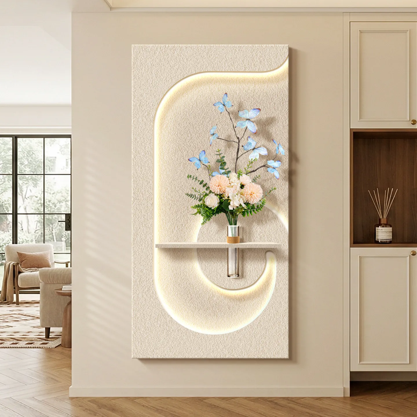 Middle ancient style entrance decoration, green plants, ambient lighting, French style corridor, corridor, hanging paintings