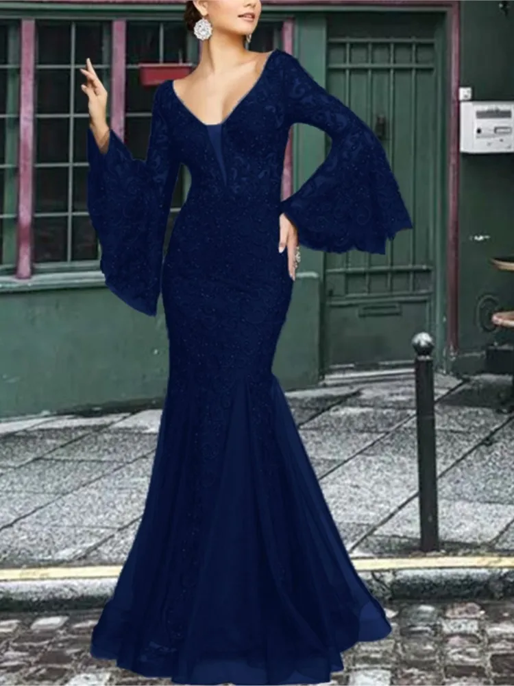 Neue frauen Sexy V-ausschnitt Spitze Flare Hülse Hochzeit Party Kleider Weibliche Abend Elegante Nachtclub Prom Maxi Meerjungfrau Kleider