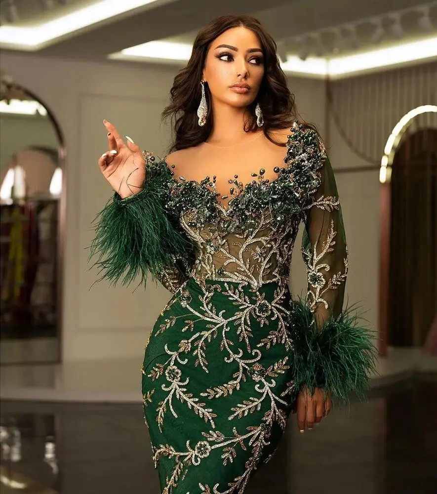 

Luxury Mermaid Crystal Beading Evening Dresses Green Applique Feather Banquet Gowns Custom Made Robe De Soirée