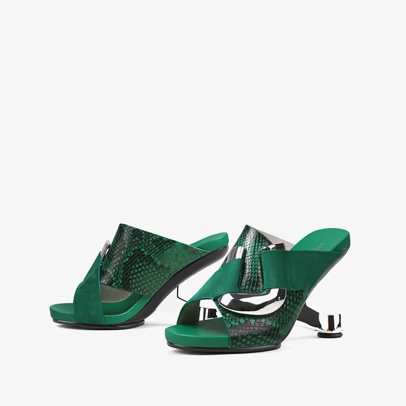 Green Snakeskin Leather Women Outside Slippers Metal Buckle Platform Blue Slides Shoes Iron Strange High Heels Chaussure Sandals