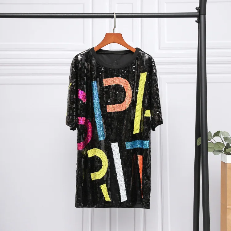#0206 Summer Long T Shirt Women Loose O-neck Streetwear Sequined T Shirt Short Sleeve Split Joint Hip Hop T-shirt Femme Letters