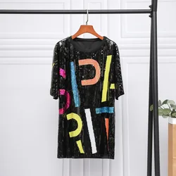 #0206 Summer Long T Shirt Women Loose O-neck Streetwear Sequined T Shirt Short Sleeve Split Joint Hip Hop T-shirt Femme Letters