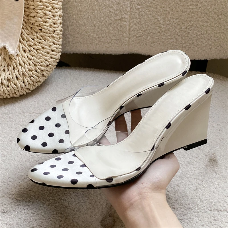 Eilyken New Design Polka Dot PVC Transparent Women Slippers Summer Elegant Open Toe Wedges High Heels Wedding Shoes