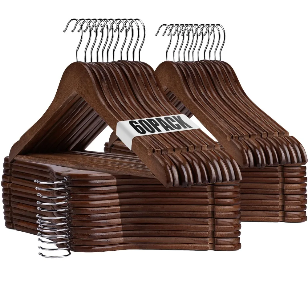 Wooden Hangers 60 Pack Wood Hangers Set,Wooden Suit Hangers Coat for Closet, Heavy Duty with Precisely Cu