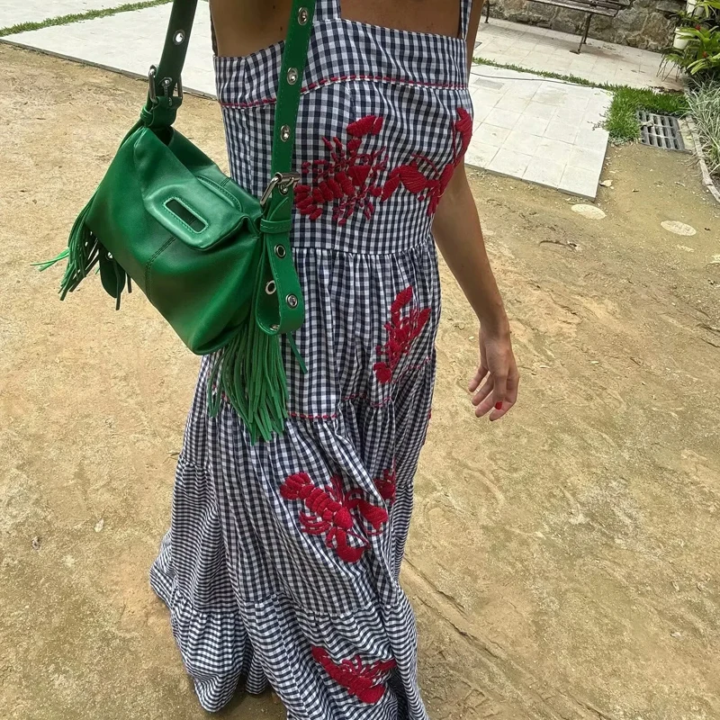 HXAO donna Ruffle ricamo Slip Dress senza maniche Plaid Dress pieghettato Backless Beach Dress Holiday Woman Summer Dress 2024