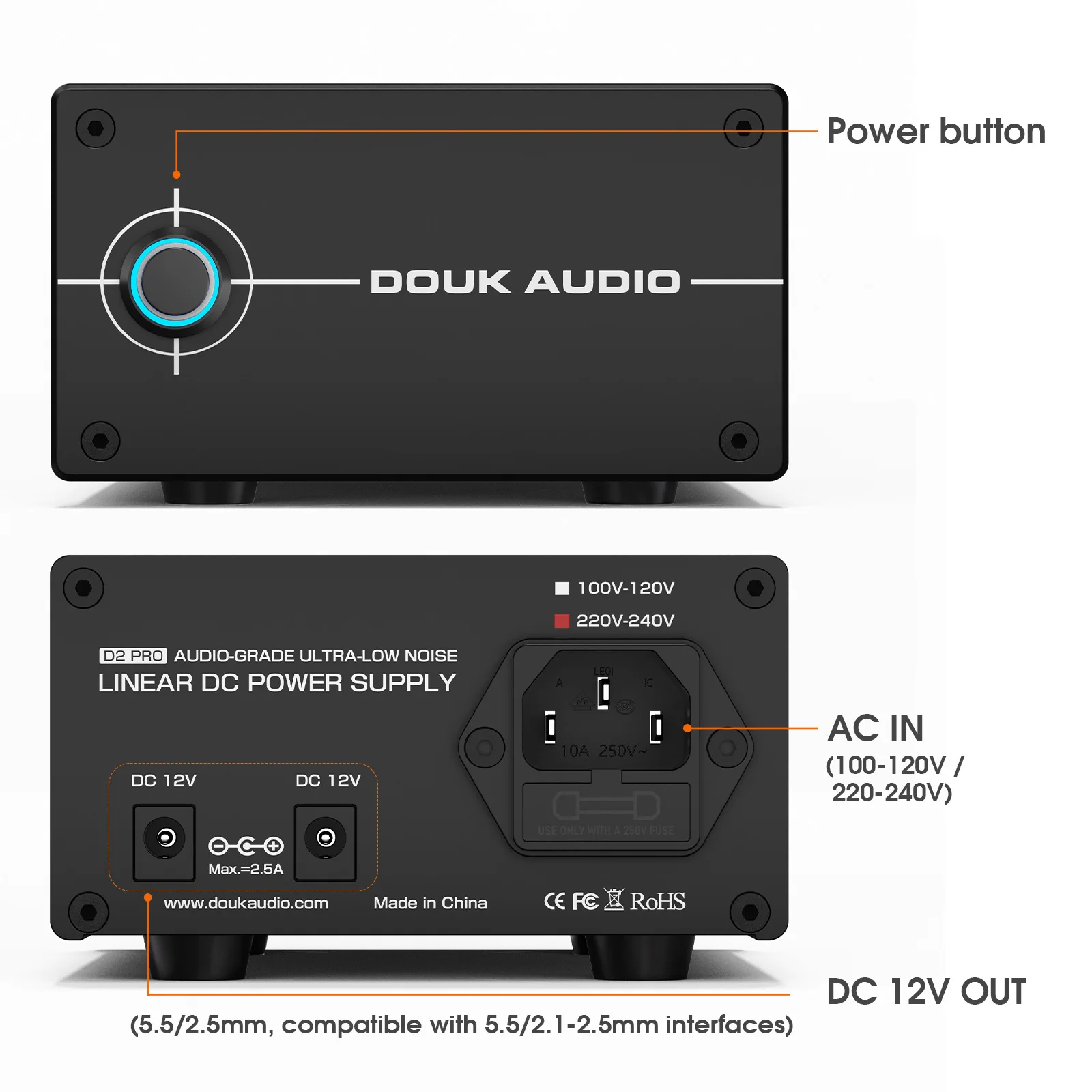 Douk Audio DC 12V 35W Regulated Linear Power Supply, Low Noise PSU for HiFi Audio Preamp DAC Audio Device