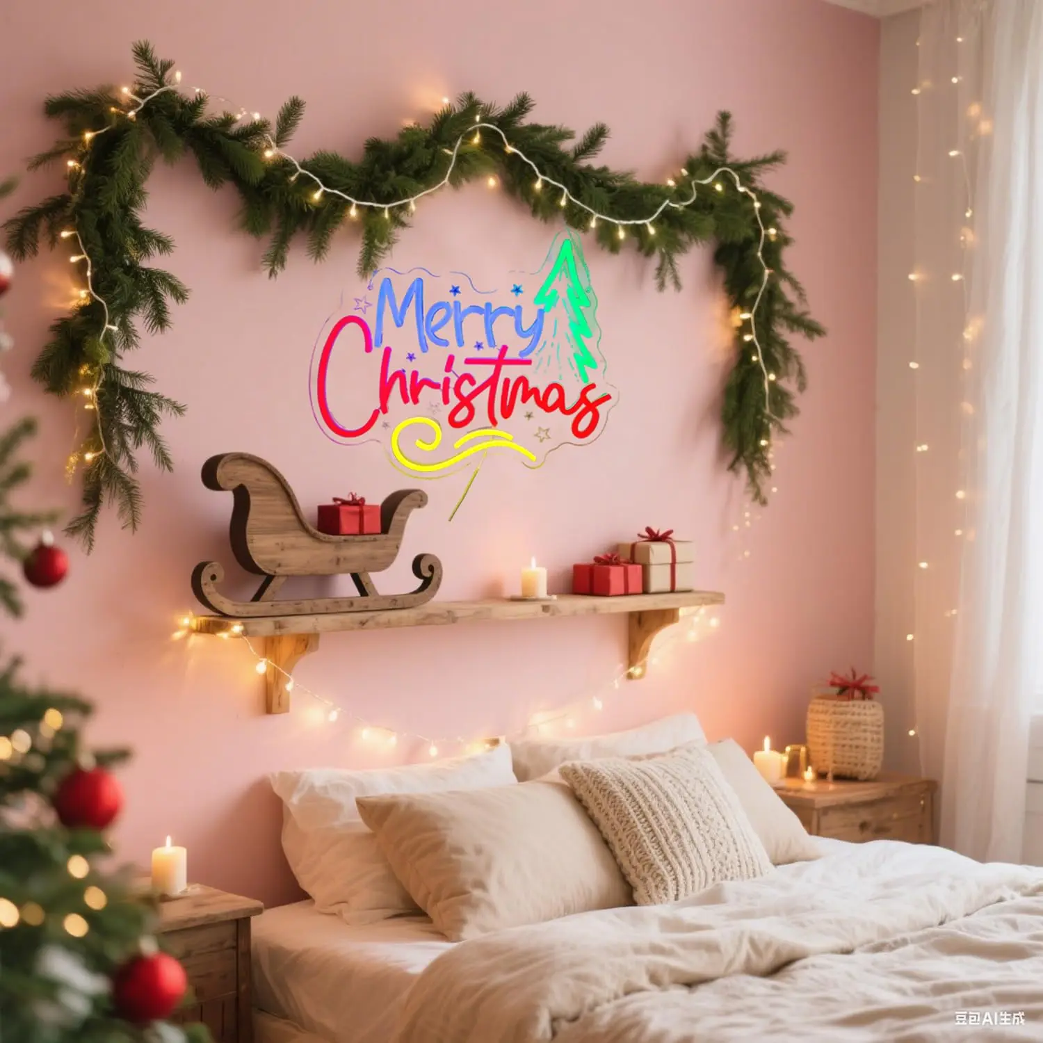 Insegna al neon a forma di albero di Natale verde con scritte LED alimentate tramite USB di buon Natale per decorazioni per la casa per feste di festa