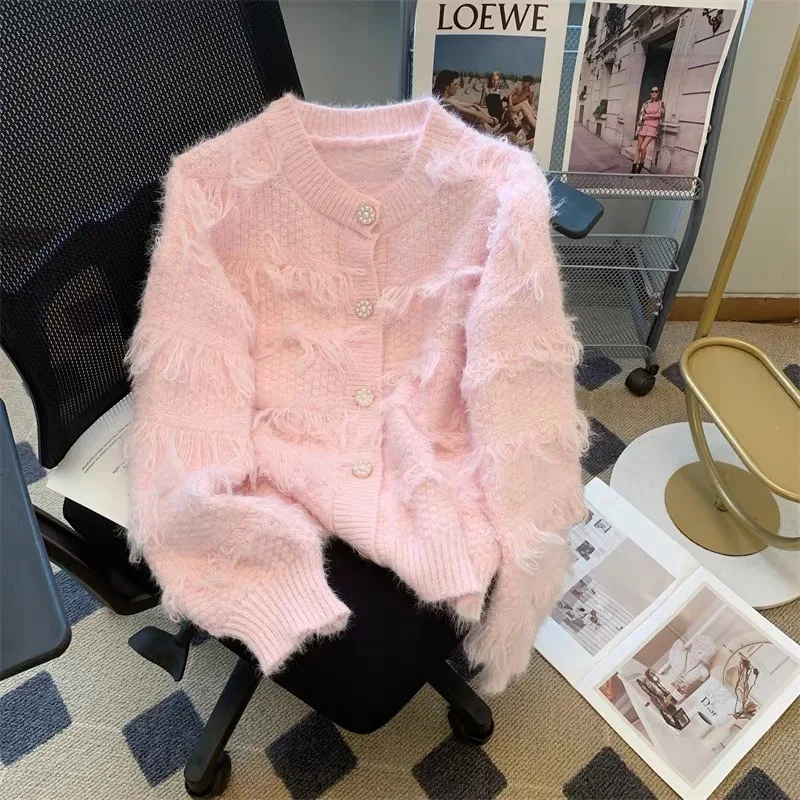 French Imitation Mink Fur Tassel Knitted Cardigan For Women In Spring, New Style With Small Fragrance, Soft Glutinous Milk, Fufu