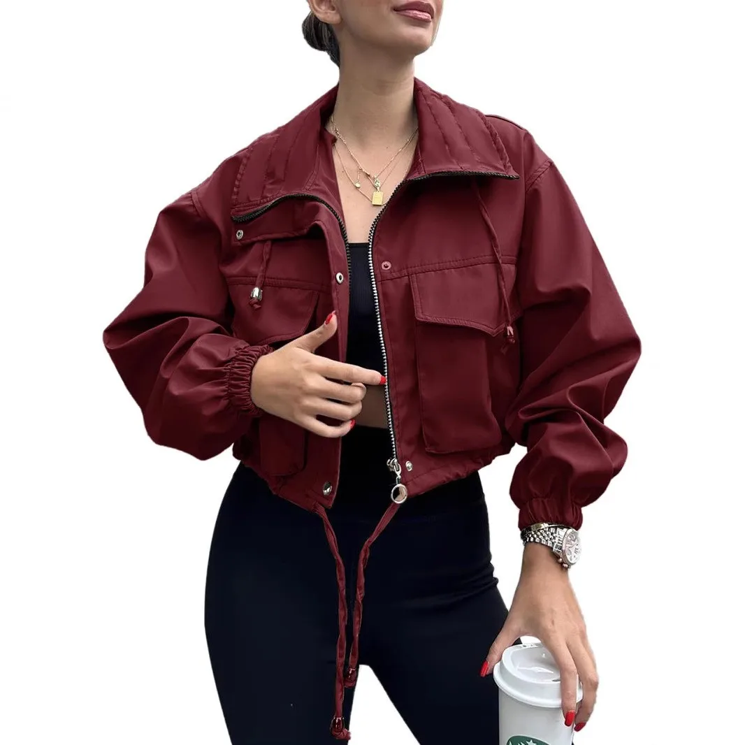 Women Jacket Brown Windbreaker Long Sleeve Zipper Zip Up Jacket Cropped Drawstring Hem Casual Jacket Solid Turn Down Collar