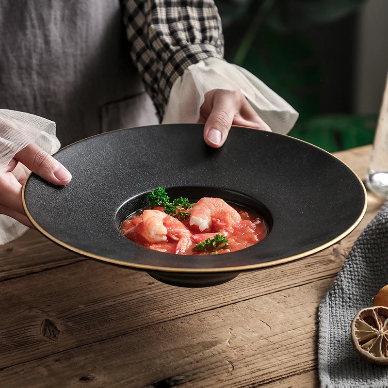 European Breakfast Western Plate Simple Black Pasta Household Dish Ceramic Soup Straw Hat