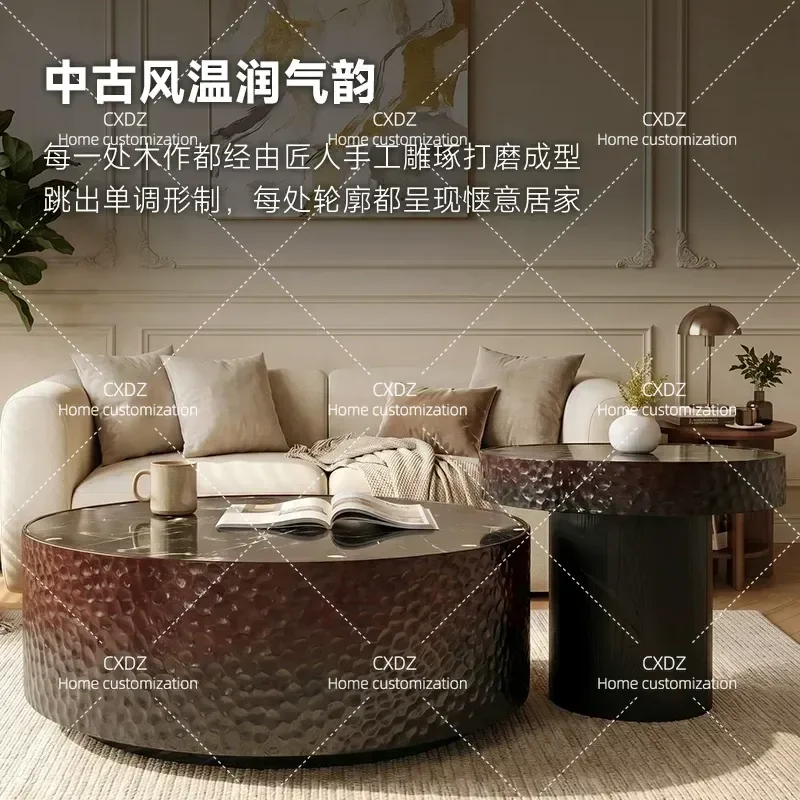 Modern Round Coffee Table Set with Side Table for Living Room Small Apartment High End Colored Stone Design Luxury Home
