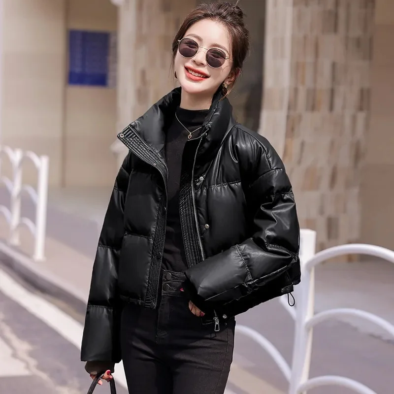 CoffeeMaillard Stand Up Collar New Short 2024 Winter Petite Fashion Bread Warm Thickened PU Leather Down Cotton Jacket For Women