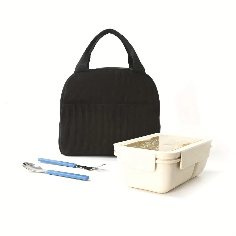 Stylish Corduroy Insulated Lunch Bag Large Capacity Hand-Held Thermal Lunch Bag Portable Minimalist Lunch Box Storage Bag Work