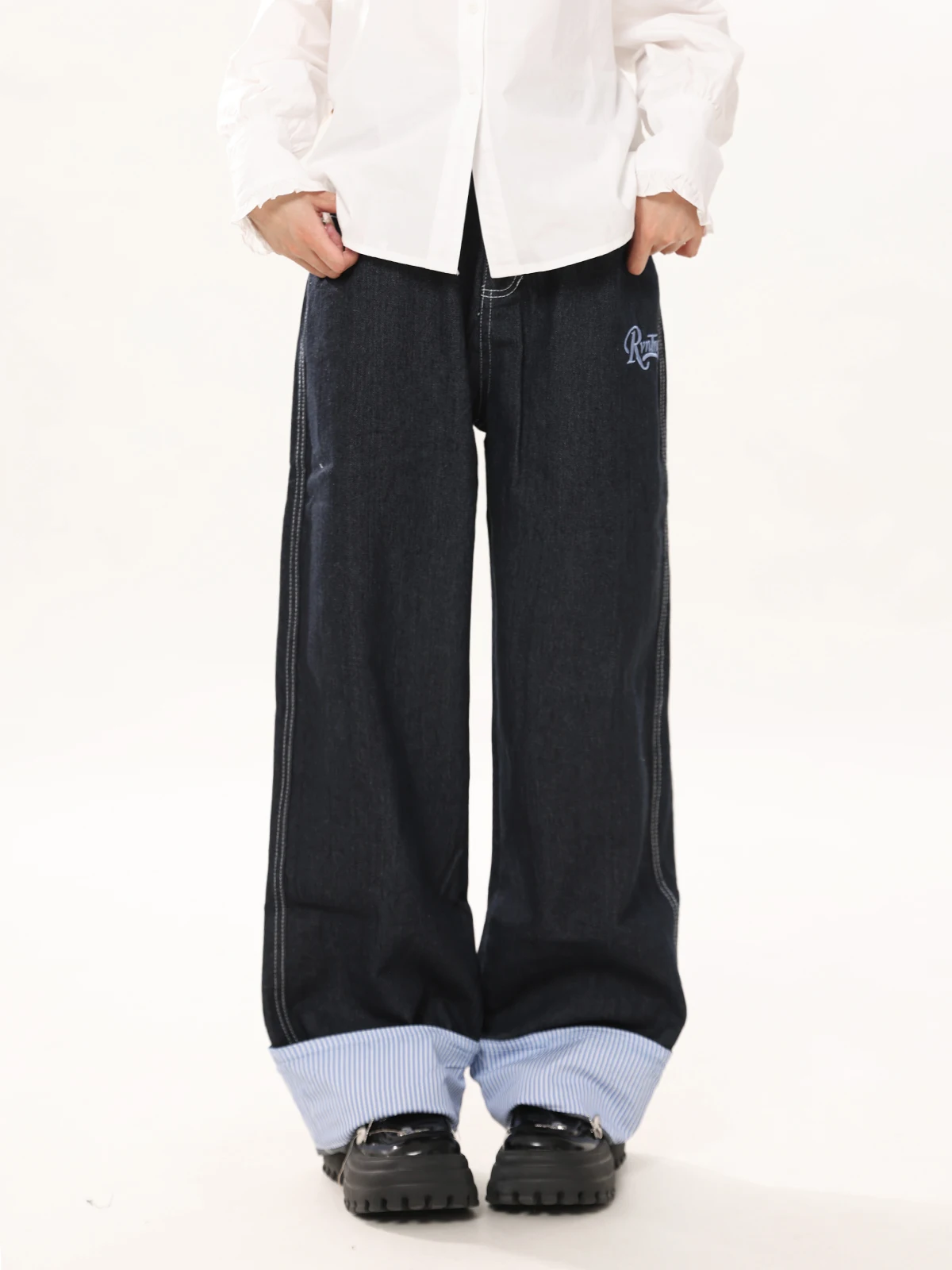 

ENJOG крутые милые джинсовые брюки в клетку с манжетами, женские свободные широкие брюки прямого кроя, повседневные брюки из хлопка и полиэстера