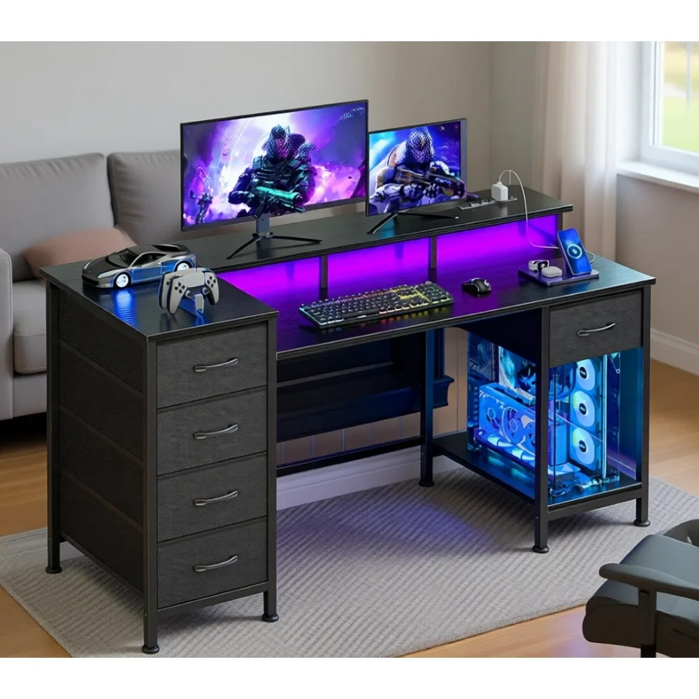 47 Inch Gaming Desk with Power Outlets and LED Lights, Reversible Design, 5 Storage Drawers, Monitor Stand, Black