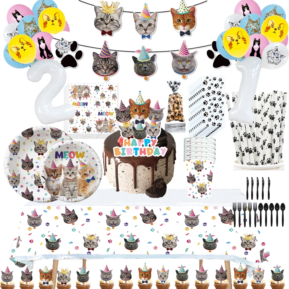 Cat Birthday Party Decorations Packs Kitten Paper Tableware Set Balloons Plates Napkins Globes for Cat Baby Shower Party Supples