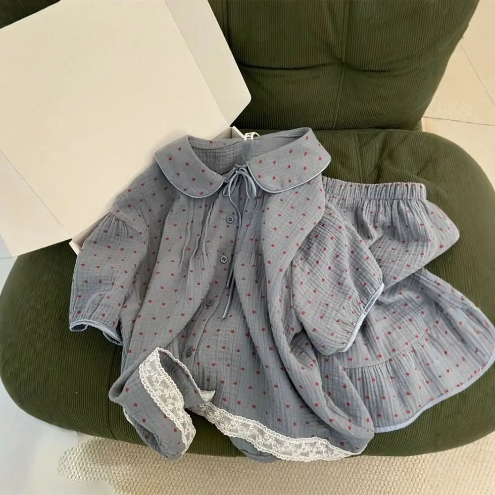 

French Style Dot Sweet Pajamas Set O Neck Loose Short Sleeve Nightwear Home Wear Suit Lace Ruffle 2 Pieces Sleepwear Indoor
