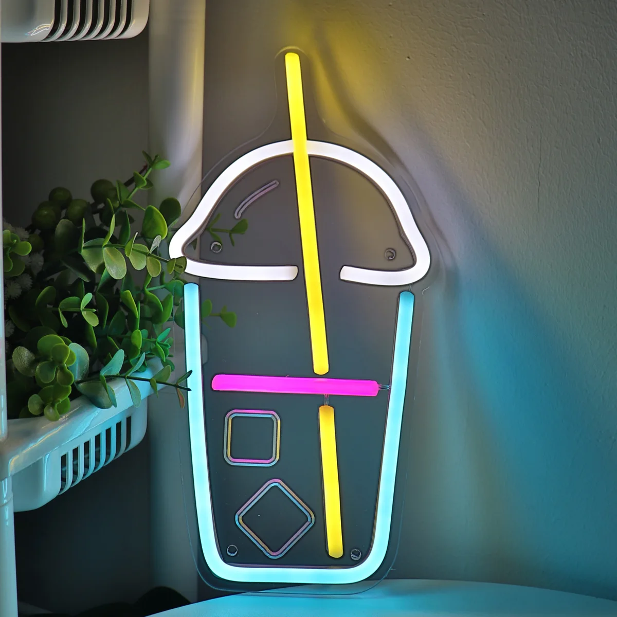 Bebida Copo Plástico Forma com Curva Cubos de Gelo LED Wall Neon Signfor Leite, Chá, Coffee Shop, Decoração da Parede, 5,91 \