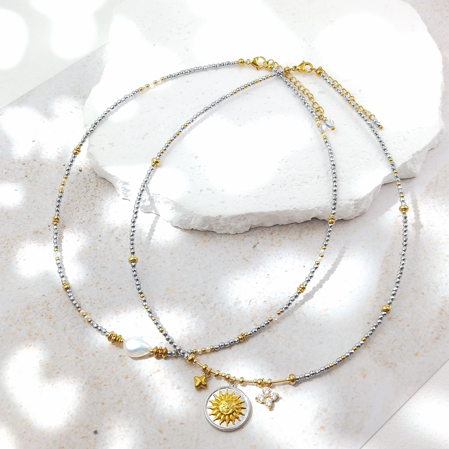 

Lii Ji 2mm Silver Hematite Pendant Choker Natural Stone Stainless Steel 14K Gold Filled Necklace For Women Girls Gift 38+4cm