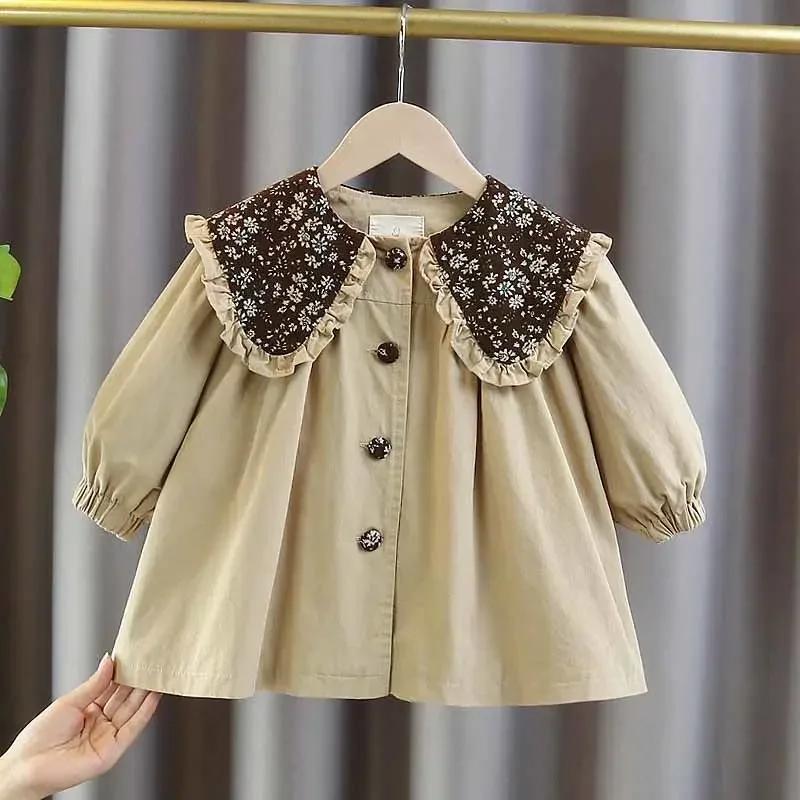 

2024 Baby Girls Fashion Floral Collar Cotton Jackets Trench Coats Spring Autumn Kids Princess Birthday Overwear Children Clothes