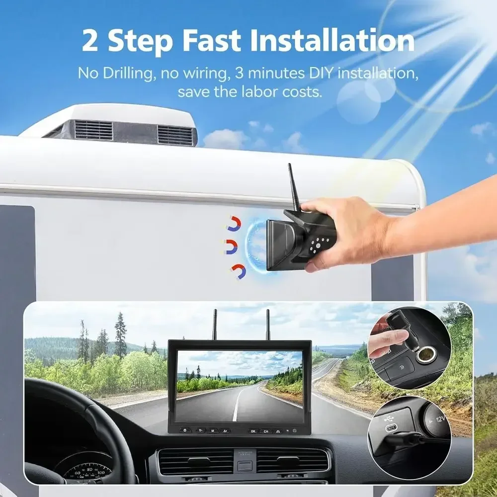 10.1" - 2 Magnetic Solar Wireless Backup Camera, HD 1080P DVR Monitor, Dual RV Cameras System for Hitch Towing RV Camper Trailer view 2