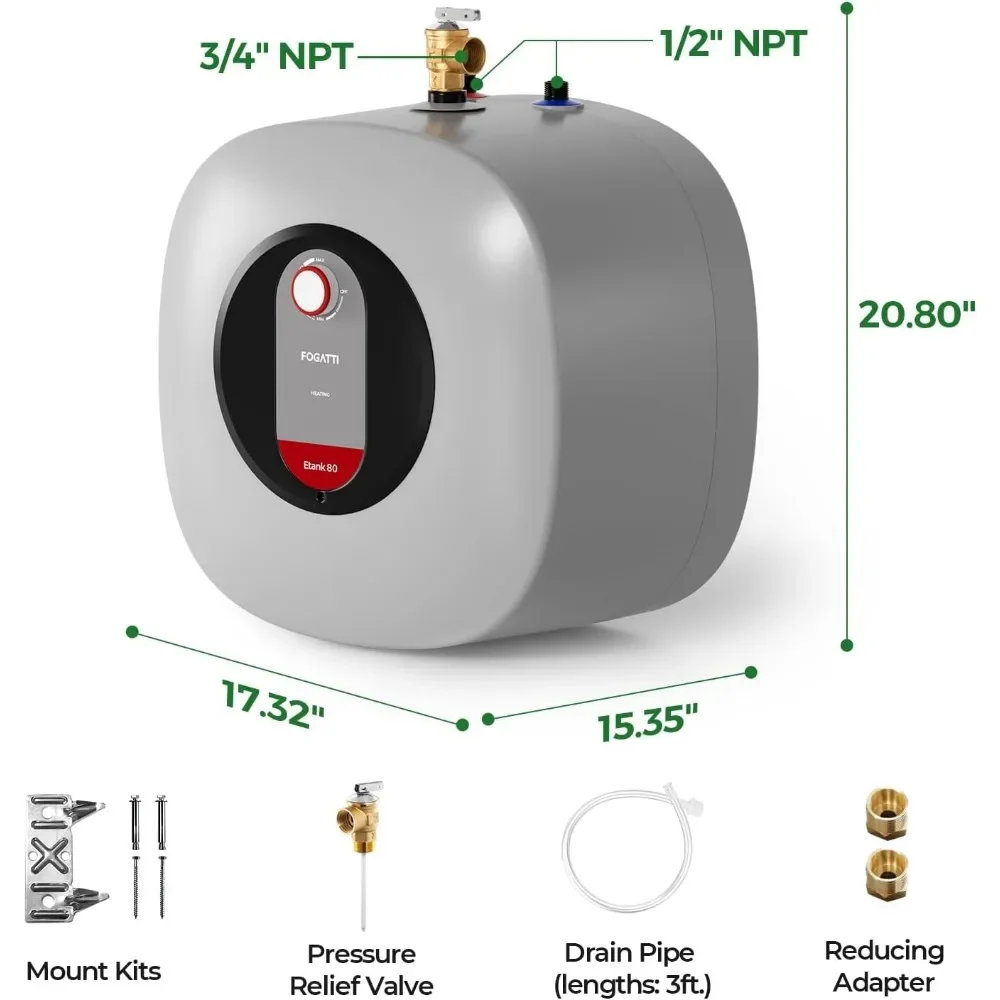 Aquecedor de água elétrico com tanque FOGATTI, ponto de uso de 8,0 galões, aquecedor de água quente 120V 1440W, montado na parede ou no chão, fácil instalação